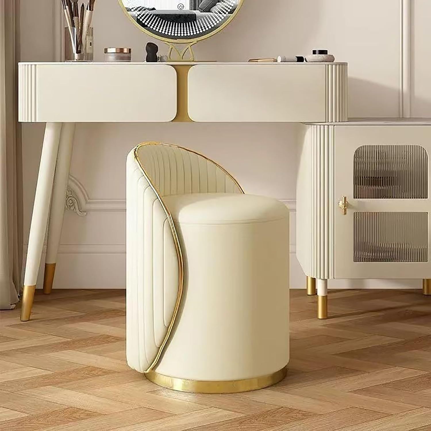 Round Makeup Stool, 360° Rotatable Dressing Table Stool with Leather Cover Wooden Frame, Footstool, Padded Stool, Suitable for Living Room, Bedroom (Beige/Gray/Orange)