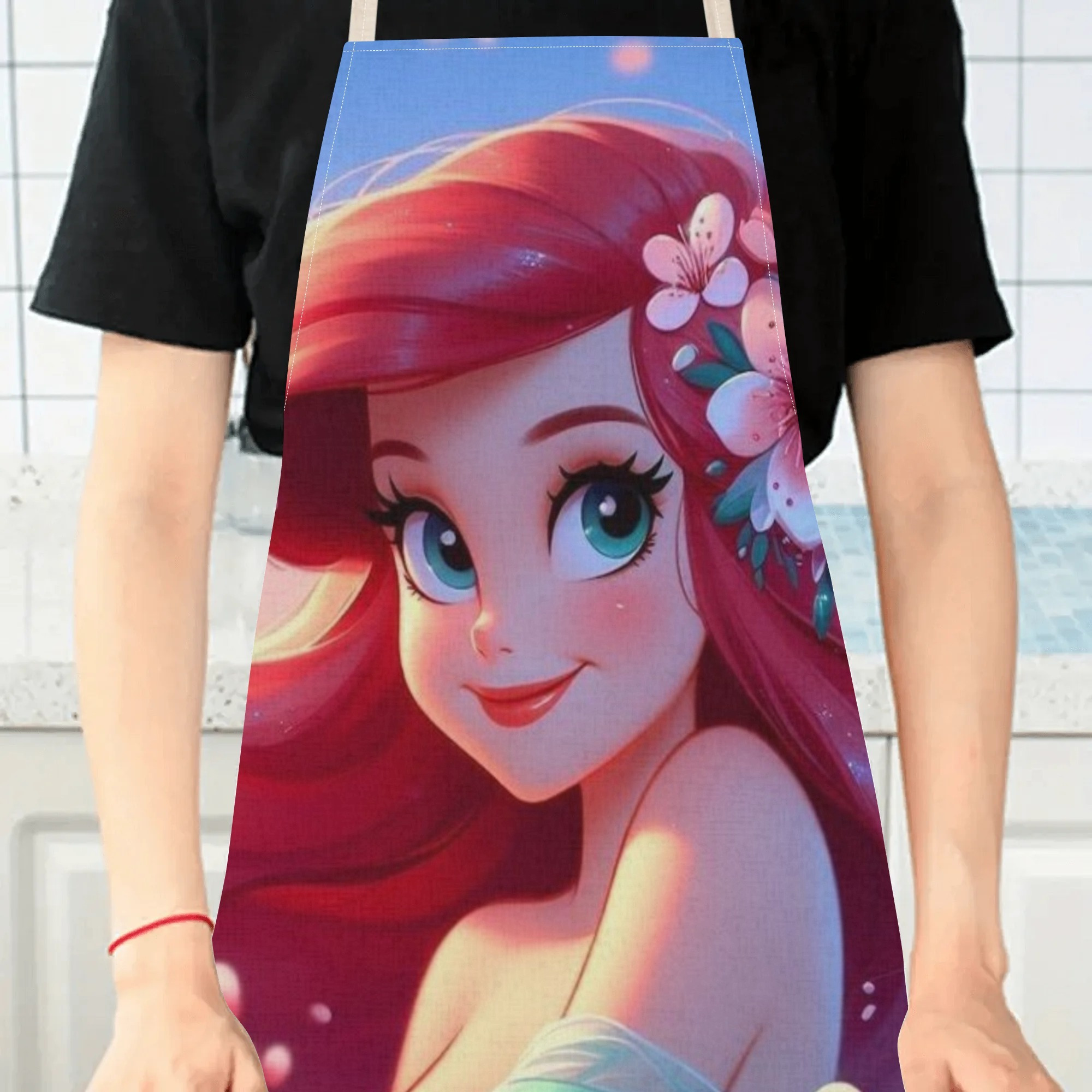 1pc disney   princess cartoon printed apron, waterproof polyester woven fabric with floral pattern, stylish and elegant for home, hotel, supermarket, restaurant,  , milk tea stand use details 3