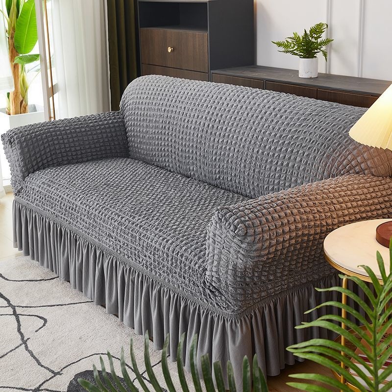 Seersucker Sofa Cover, Full-coverage Elastic Sofa Cover, Solid Color Seersucker Skirt Sofa Cover, Thickened Full-coverage Elastic Sofa Cover, Suitable For , Double Armrest Fabric Cover
