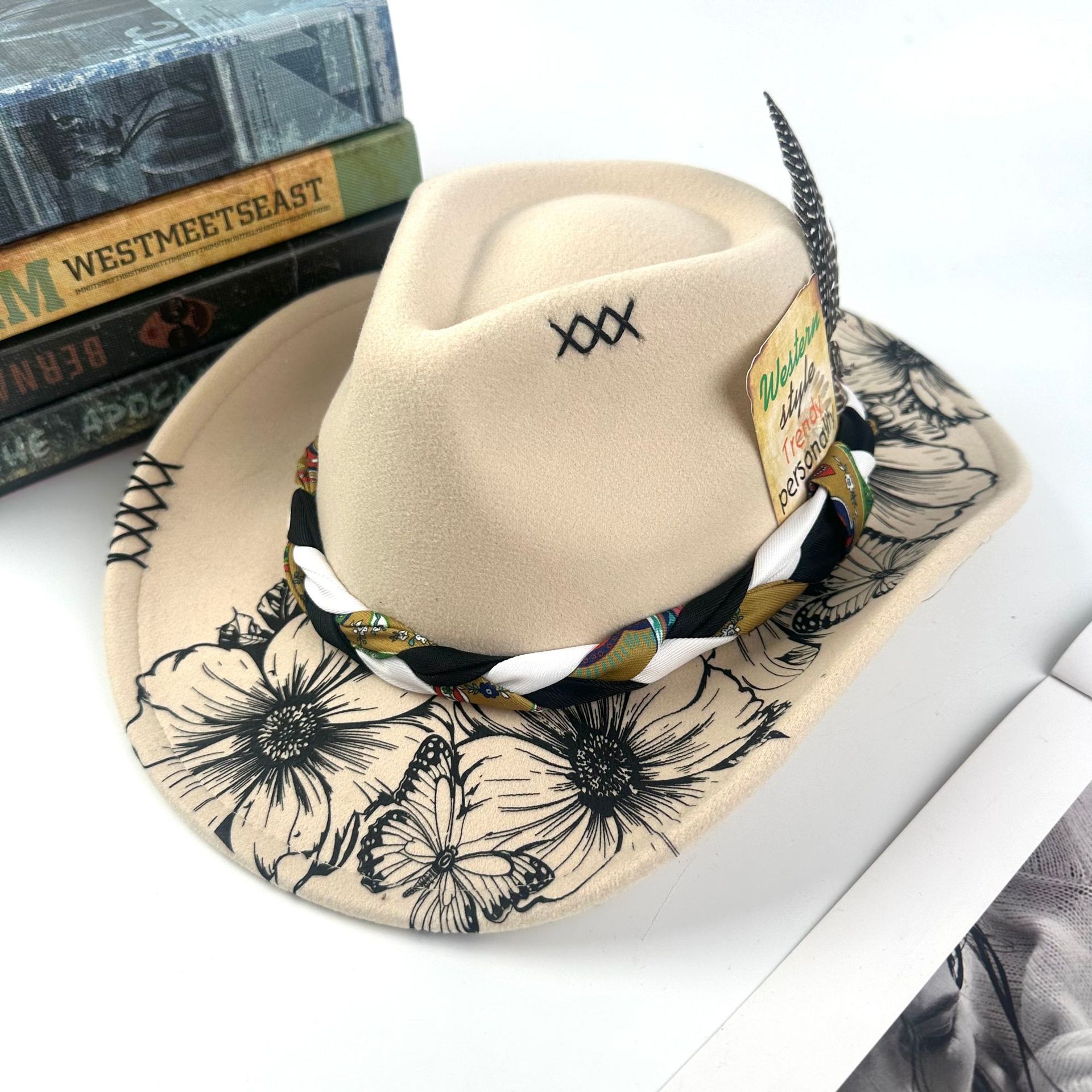 Image of New Arrival European And American Stylish Fedoras, Felt Hats With Printed Patterns, Feather Decorated Cowboy Hats As Accessories