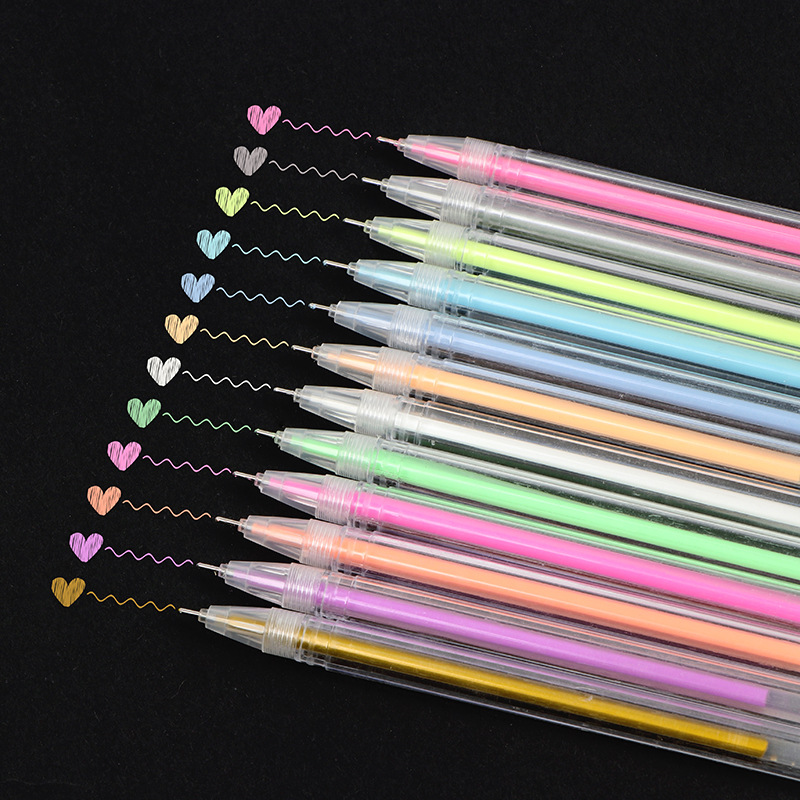 TEMU 12 Stylos Surligneurs Tube Stylo Journal Stylo Gel Fluorescent Marqueur Métallique Stylo Peinture 0,6 mm