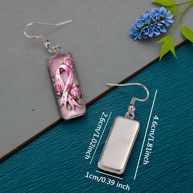 Women's Pink Ribbon Rose Rectangular Dangle Earrings