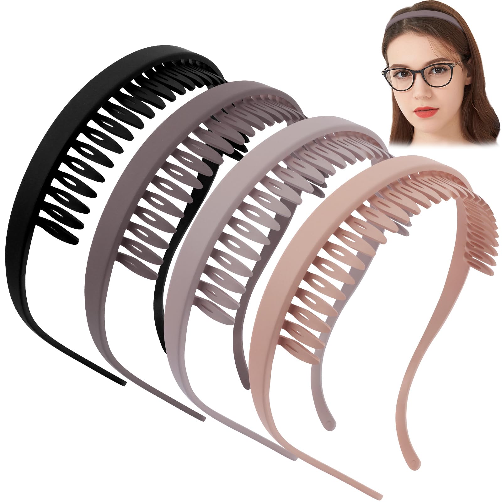 E-shop 4er-Pack Einfaches, mattiertes, rutschfestes Stirnband, bequemes, quadratisches Sonnenblende-Band, Z-förmiges Kunststoff-Stirnband mit Zähnen,