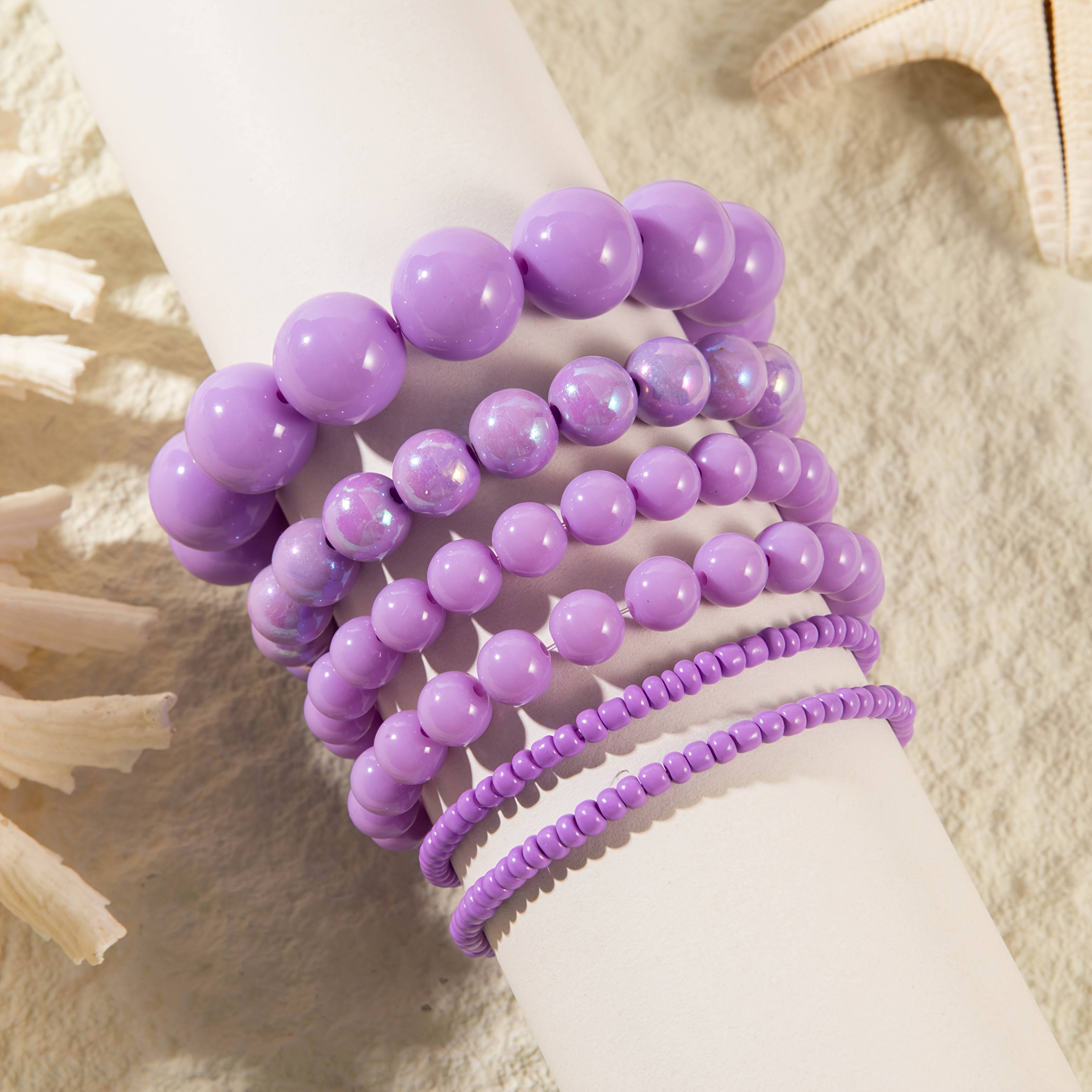 Purple Resin Large Bead Bracelet Set, Multi-Layer Stacked