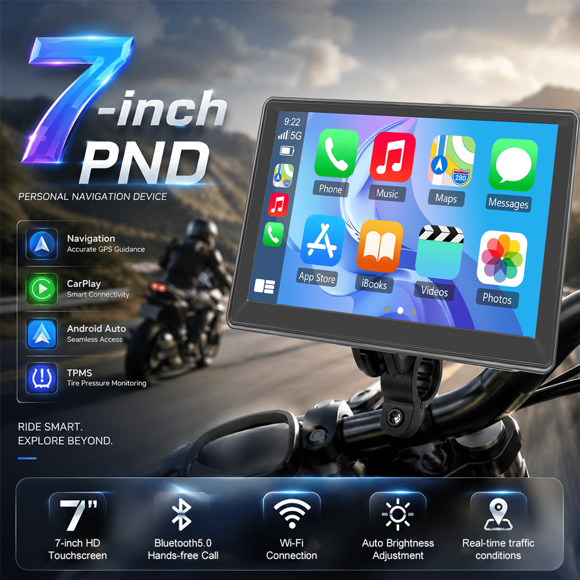 Image of Motorcycle Carplay Screen, 7-inch Touchscreen, Portable Carplay/ Auto Gps Navigation For Motorcycles, Dual , With Digital Wired Controller, Suitable For Outdoor Weather