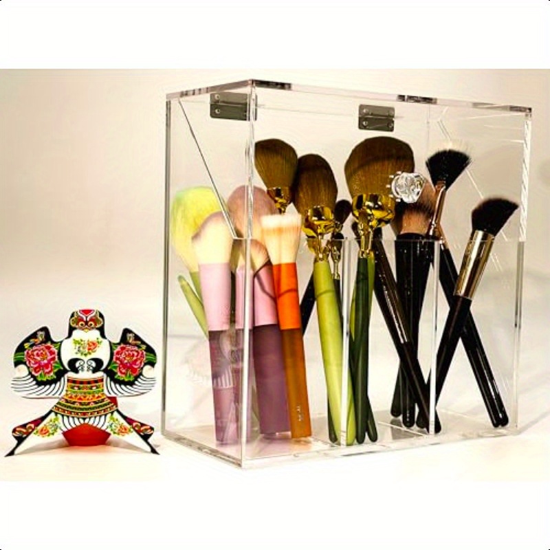 acrylic makeup organizerclear cosmetic brush storage box with 3 brush holders makeup brush holderwith dust cover largecapacity split design can quickly organize the desktop no pearls Product details 4
