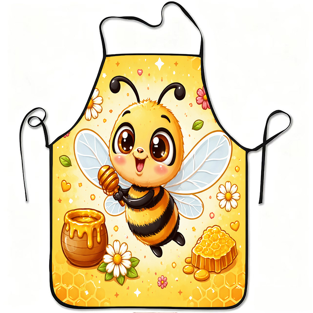 TEMU 1pc Cute Bee And Flower Print Apron, Durable And Easy To Clean, Adjustable Belt, Suitable For Kitchen Cooking, Gardening, Picking, Christmas And