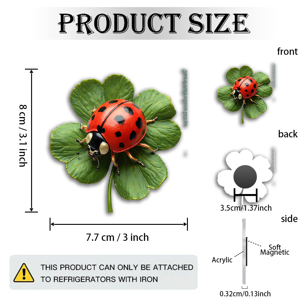 TEMU 1pc 2d Flat Acrylic And Rubber Soft Magnet | Ladybug And Clover Pendant - Exquisite Metallic Red Insect On Vibrant Clover - Ideal For , 's Day,