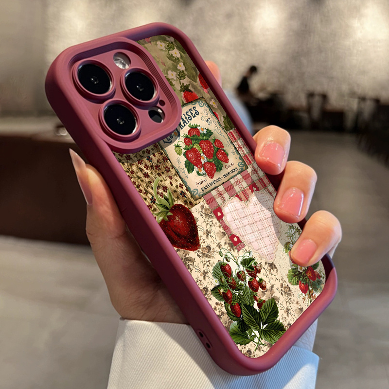 Vintage Strawberry Pattern Phone Case for iPhone 16 Pro Max, 16 Pro, 11 Pro Max, 15, 14 Plus, 13, 12, 16 XS Max, 15 Pro, XR, 15 Pro Max, 14, 13 Pro, 12 Pro Max Featuring TPU Drop Protection Soft Cover - Image 6