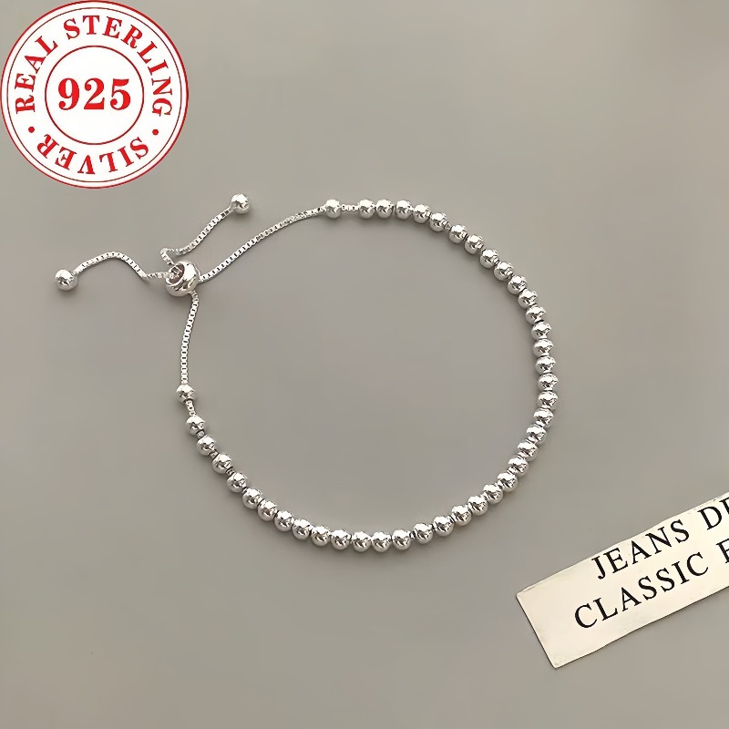 TEMU 1 Elegant And Adjustable S925 Sterling Silver Bead Bracelet, Women's Handmade Bean Design Jewelry, Silver Plated