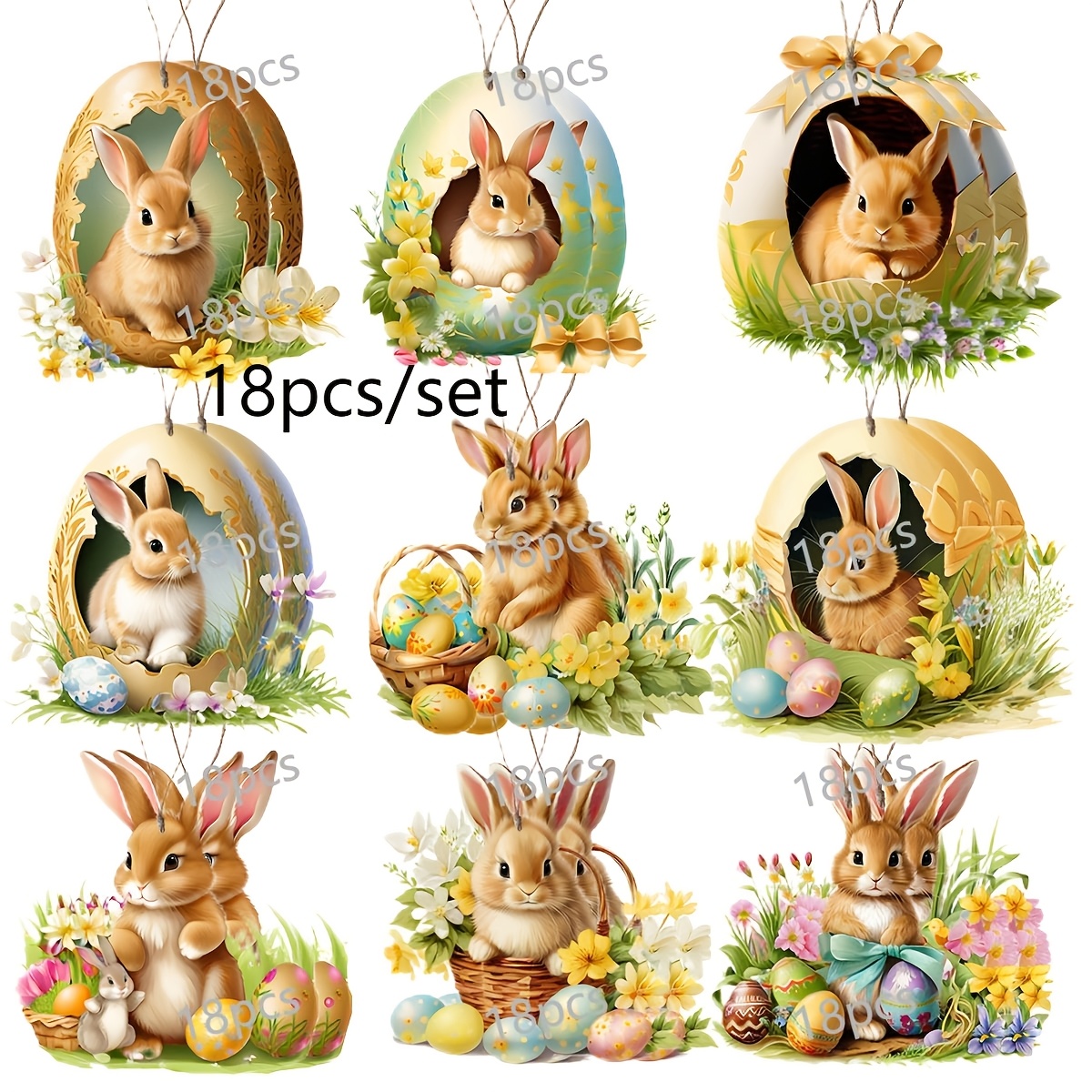 Image of 18pcs Vintage Wooden Easter Bunny And Egg Decoration Set, Animal Theme Easter Hanging Decorations, Spring Party Home Tree Ornaments, No Electricity Required