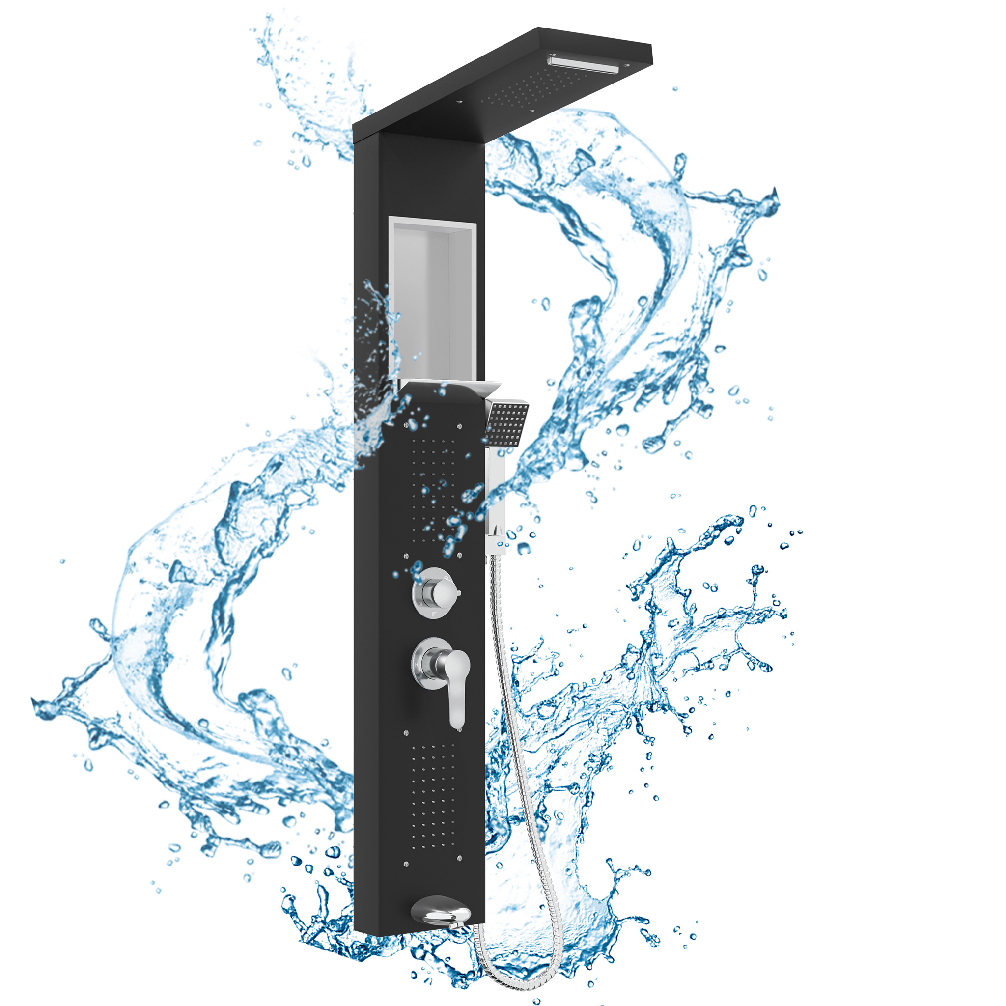 Image of Shower Panel With Fitting, Shower System With Built-in Shelf, Multifunctional Shower Set Including Hand Shower, Massage Shower, Waterfall Shower, Rain Shower Fitting, 304 Stainless Steel Shower Set