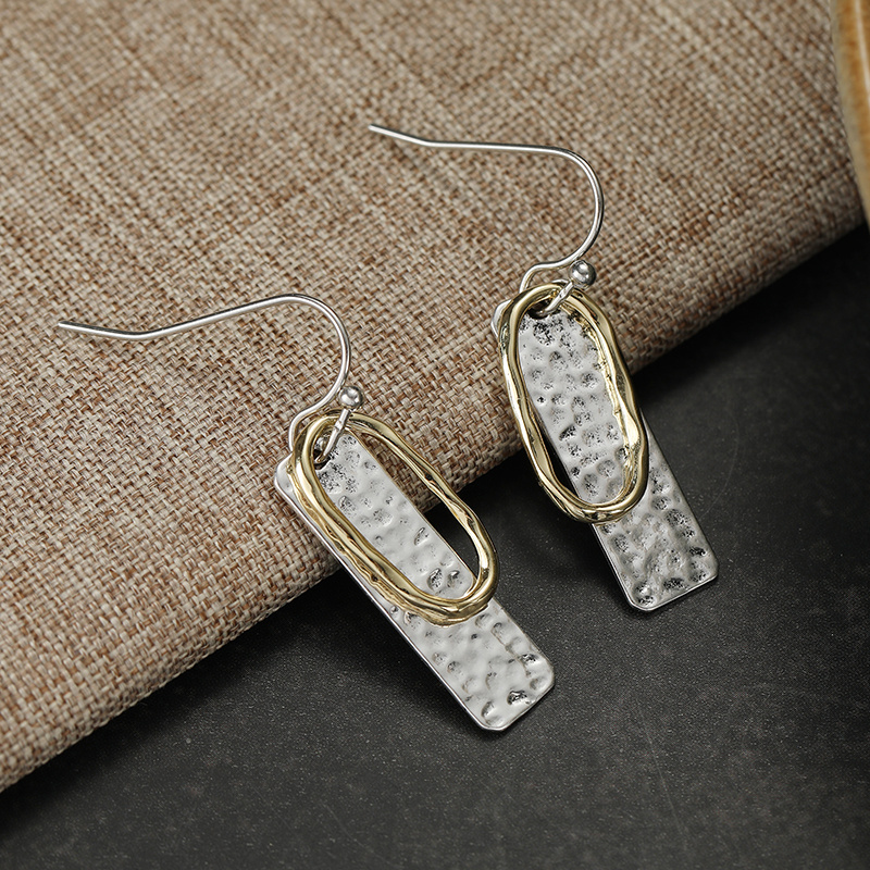 Two-Tone Long Silvery Hammered Drop Earrings for Everyday Wear