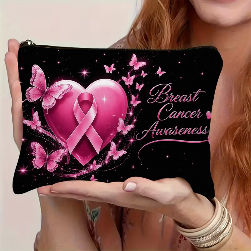 TEMU Trousse de maquillage 1 pièce imprimée à plat 2D pour la sensibilisation au du sein - Cœur rose, ruban, papillons et étoilés scintillants sur