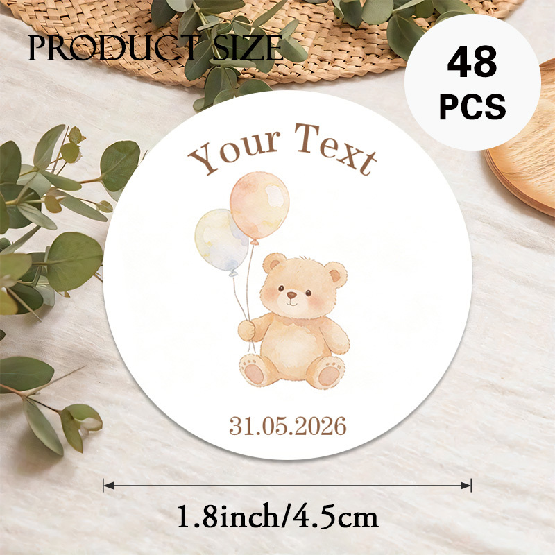 TEMU Custom A "teddy Bear" Round Sticker, Customizable Text Content, Featuring Cute Teddy Bear With Balloons In Watercolor Style, Suitable For Baby