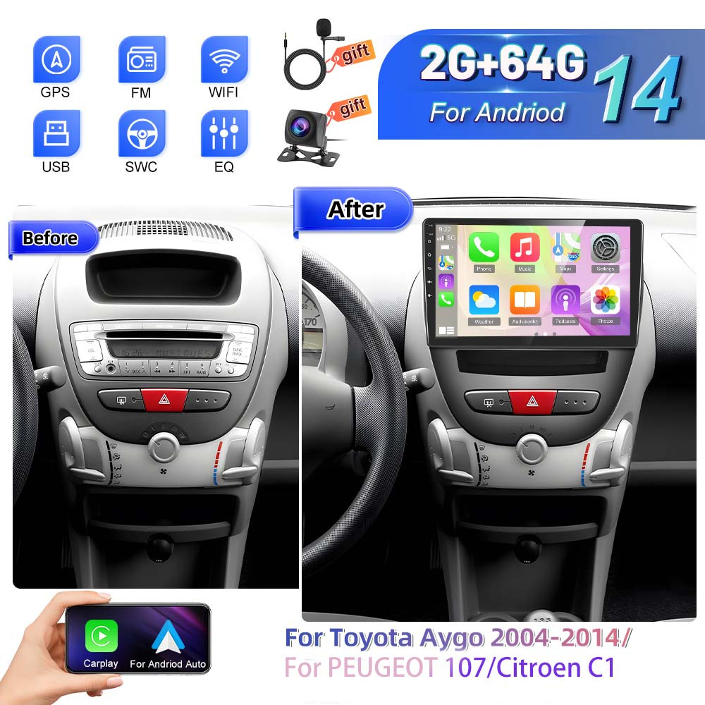 Image of 2g + 64g Stereo Radio Double Din For Aygo 2004-2014// C1 With , 10.1 Inch 2 Din 14 Car Radio With Bluetooth/wlan/fm/eq/26 Ui/dual Usb + Car Frame+ Ahd Reversing Camera + Mic