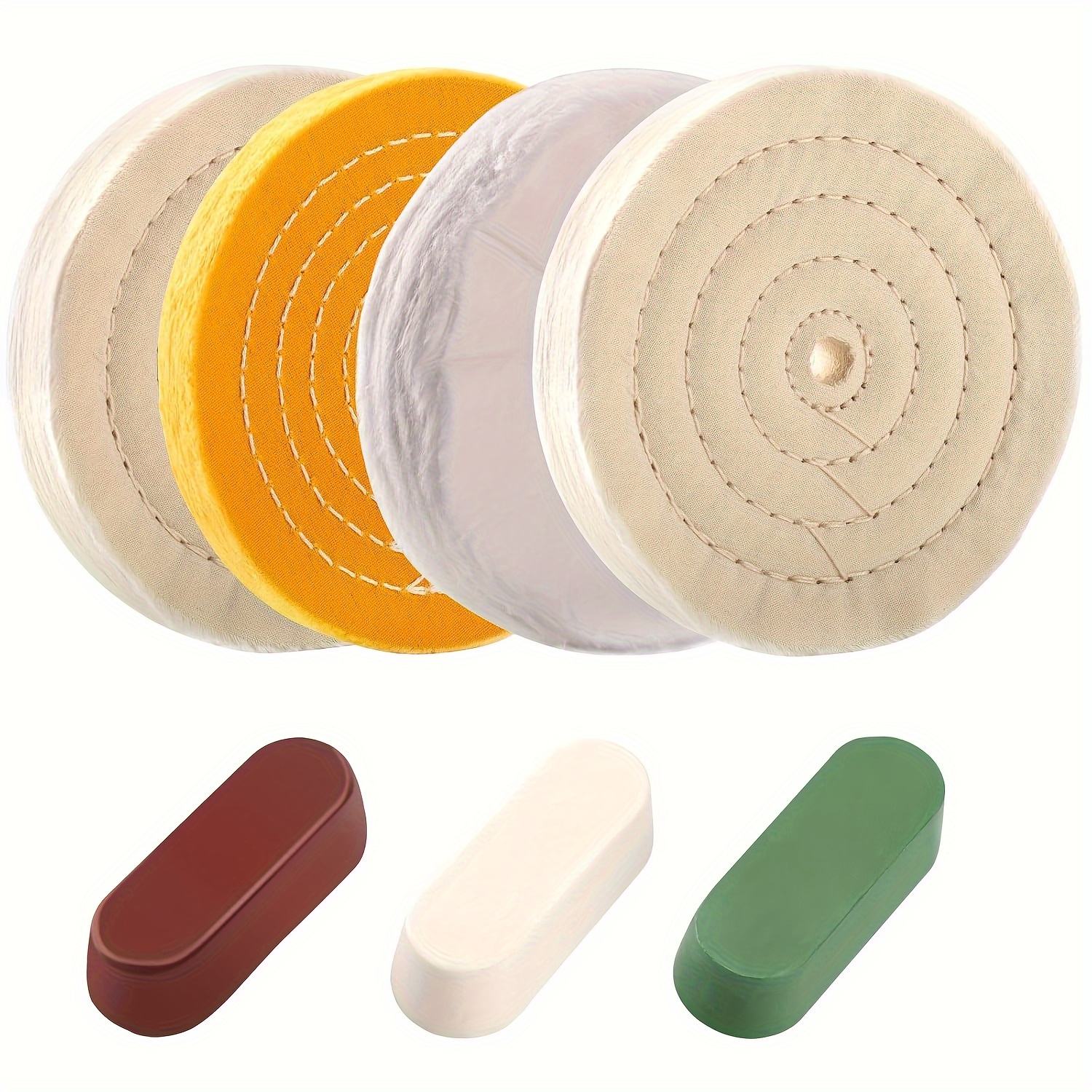 7pcs 15 24cm bench grinder polishing wheel set including 2 white wheels 70 layers a yellow wheel 42 layers a   30 layers   polishing wax composite components suitable for metal grinding jewelry and wood carving polishing