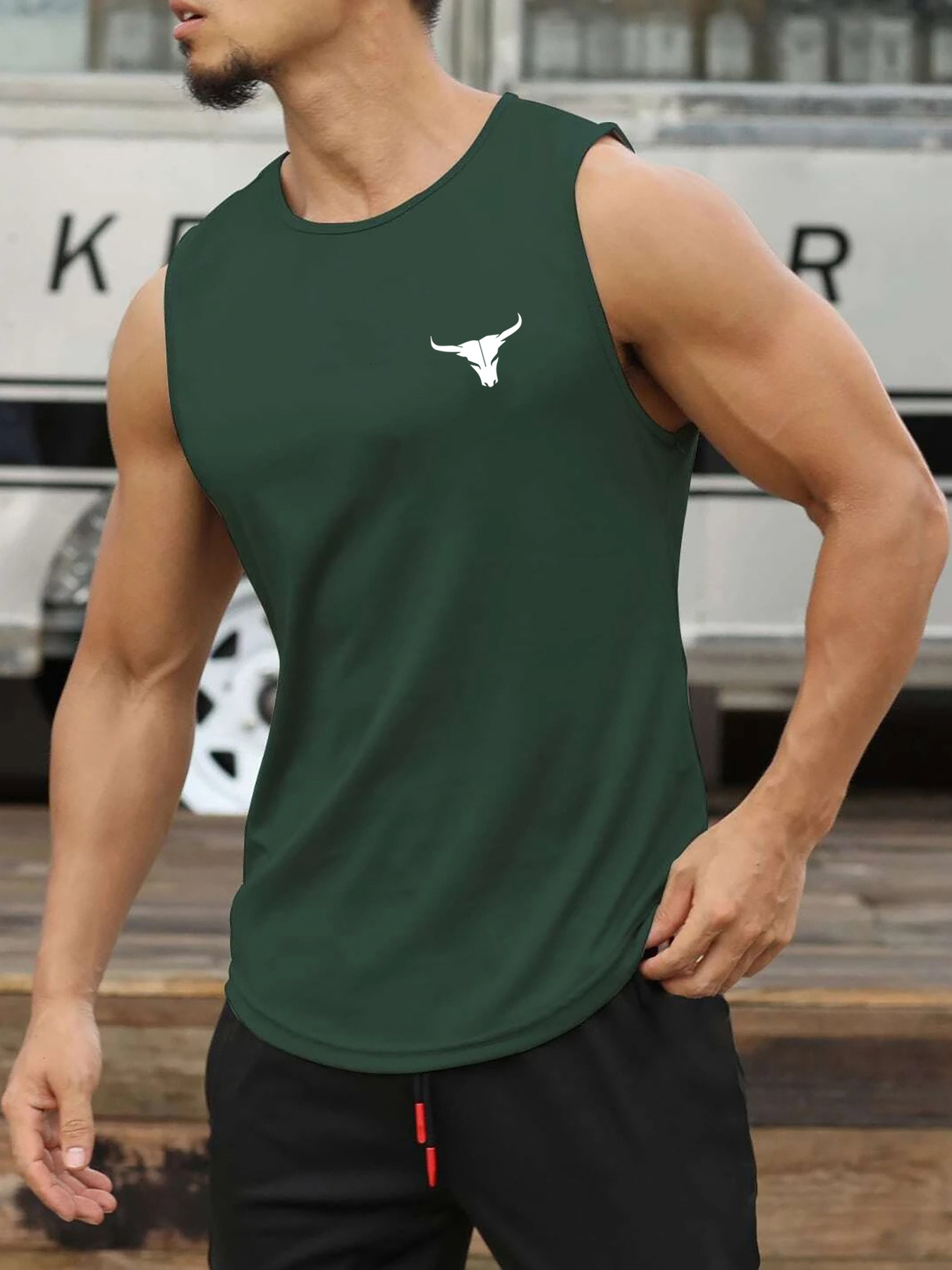 Men's Summer Athletic Tank Top - Breathable, Sweat Absorbent, Loose Fit Sleeveless Shirt for Gym, Training & Basketball - White with Black Bull Head Design, Gym Apparel | Sweat Absorbent Fabric, Gym Shirts