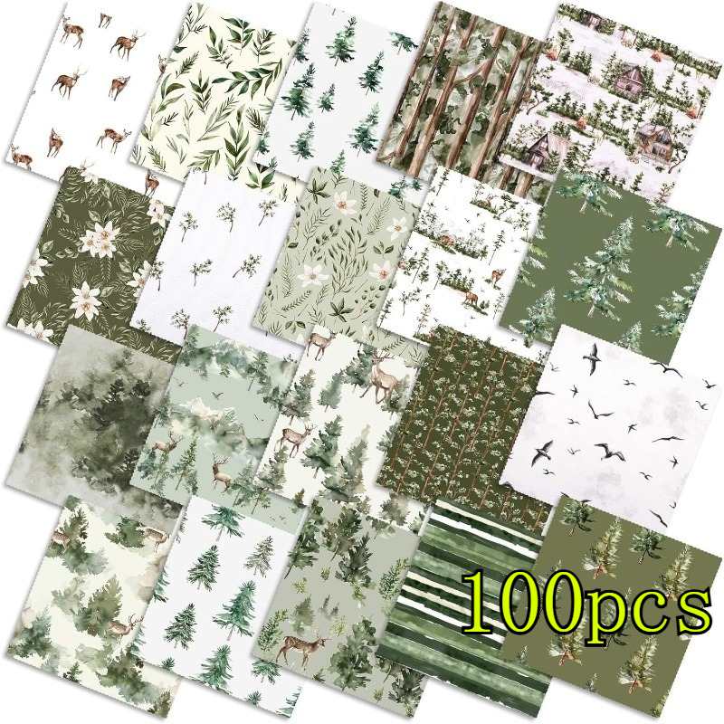 TEMU 100pcs 10*10cm (3.9*3.9in) Green Theme Series, Printed Handmade Fabric, Handmade , Strips Diy Splicing Craft Materials, Includes Splicing Sets
