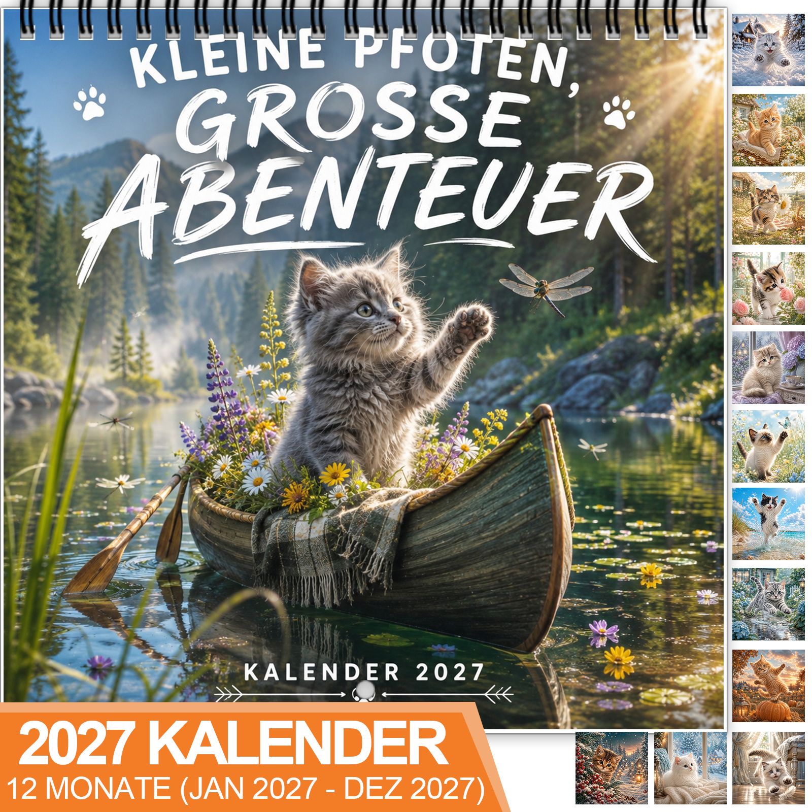 TEMU German Version 2027 Outdoor Kittens Wall Calendar, Twin-wire Bound 12-month Organizer With Heavyweight Coated Paper, Illustrating Brave In