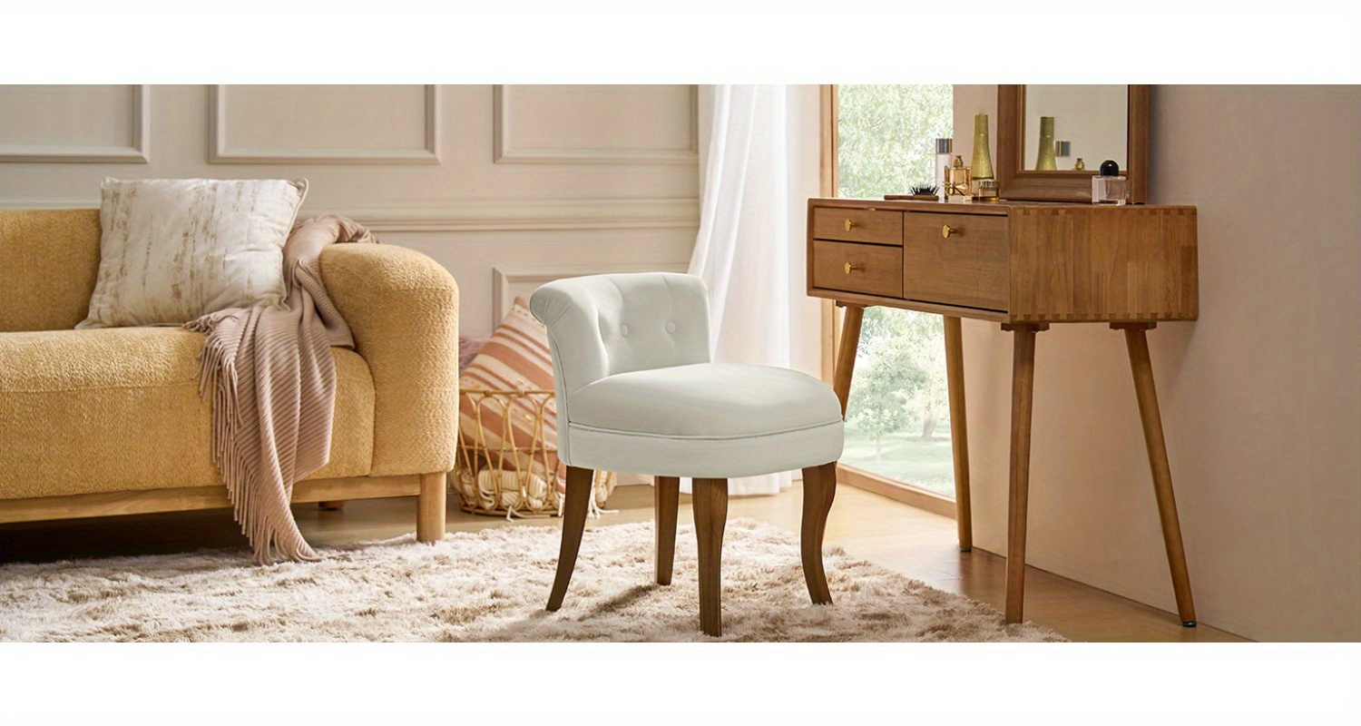 Navy Velvet Vanity Stool with Low Back - Modern Upholstered Makeup Chair with Solid Wood Legs, Assembly Compact Dressing Table Chair Suitable for Women & Girls, Bedroom, Living Room, Dressing Table - Stylish Chair
