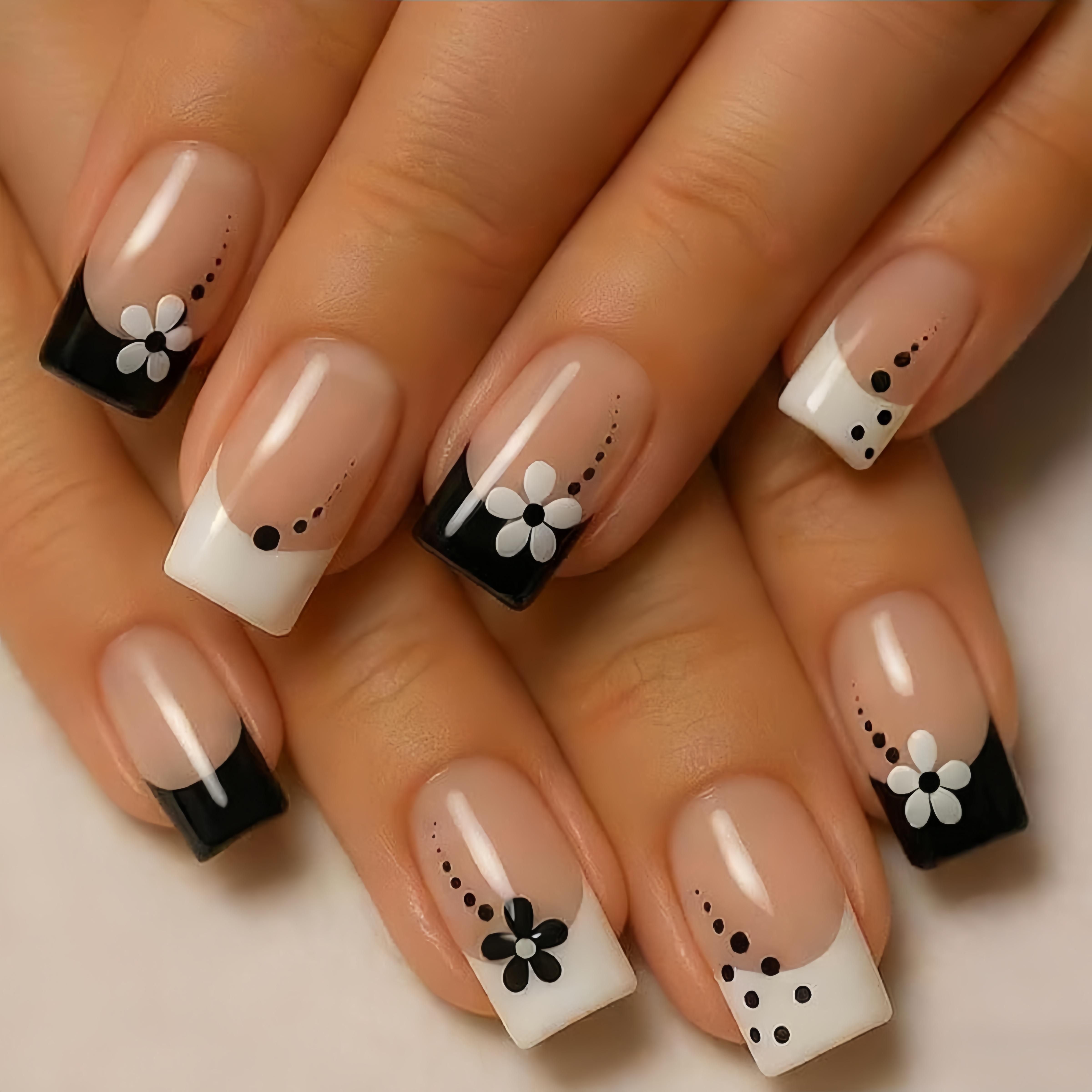 TEMU 24pcs Black And White Striped Floral Press-on Nails, Removable Fake Nails, Square Medium-length Nails, Minimalist Nail Art For Women