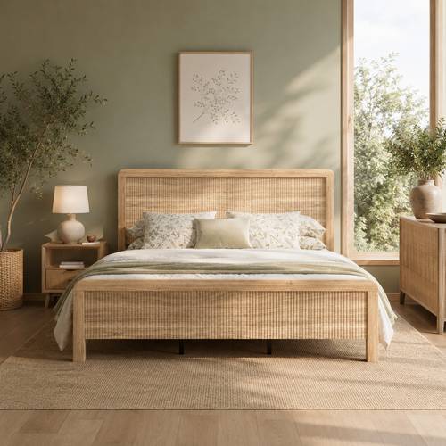 Fluted Wood Bed Frame with Rounded Corner Design Modern Platform Bed Spring Bedroom Furniture