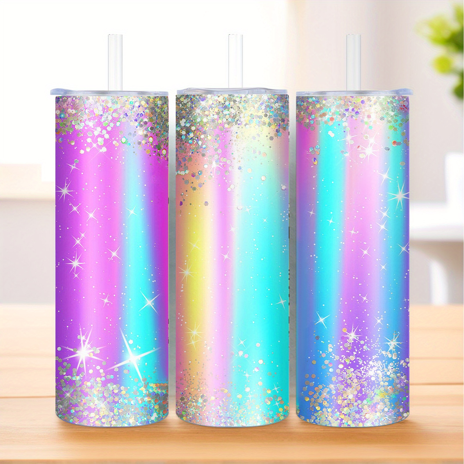 TEMU 1pc 20oz Glitter Gradient Stainless Steel Insulated Tumbler With Lid And Straw - Rainbow Sparkle Design, Leakproof And Hot/cold , Perfect Gift