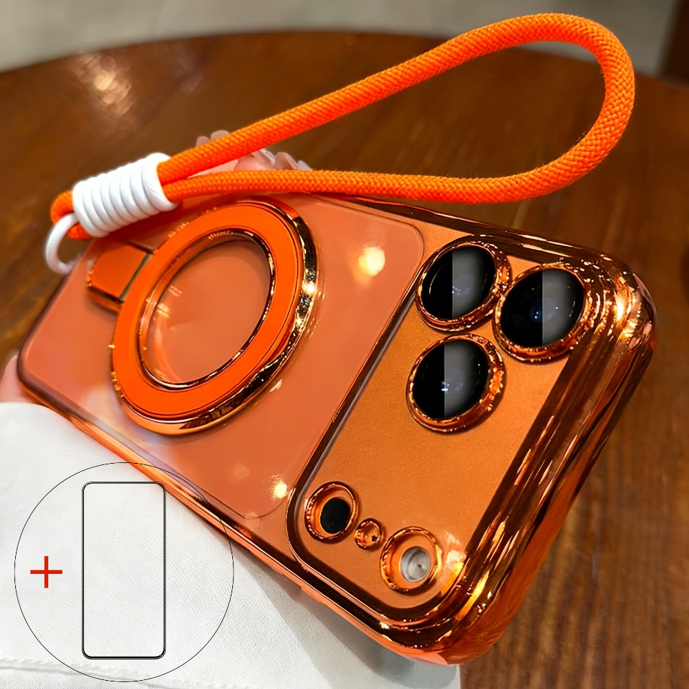 Image of Phone Case: 4pcs [case + Stand + Lanyard + Glass] Luxury Electroplated Clear Magnetic Ring Stand Case, Wireless Charging, Lens Protection, Black Friday , For Iphone 17/16/15/14/13/12/11 Pro Max/pro