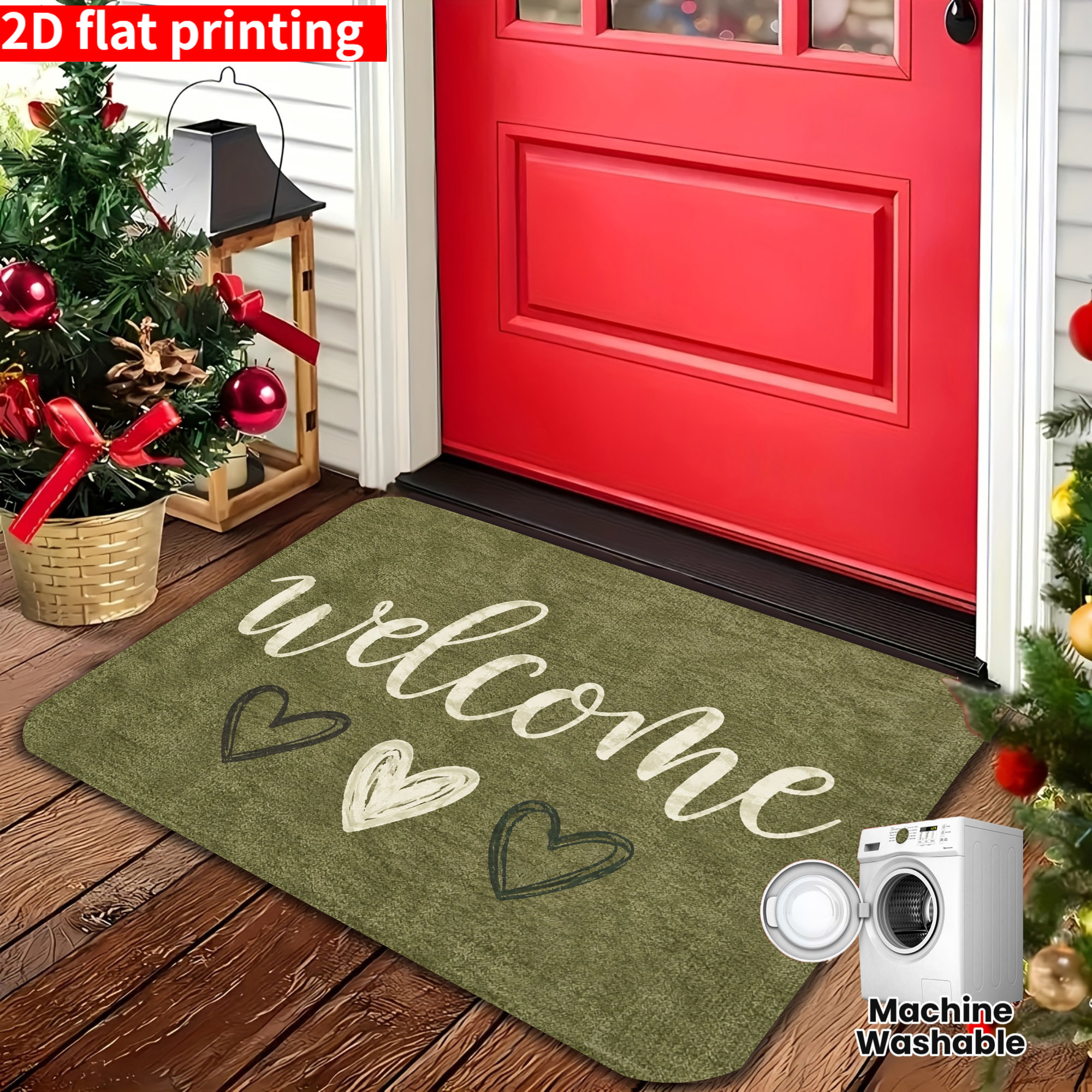 TEMU 2d Flat Printing, 1pc Easy Olive Green Heart Welcome Mat, Indoor Entrance Anti-slip Dust-trapping Carpet, Artistic Distressed Texture Doorway