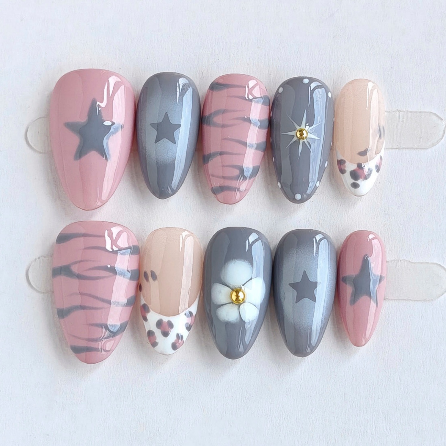 TEMU Handmade Press-on Nails 10pcs, New Short Almond Shape - Sweet Gray Zebra Stripe , Hot , Suitable For Street , Trendy Brand Outfits & Y2k Looks,