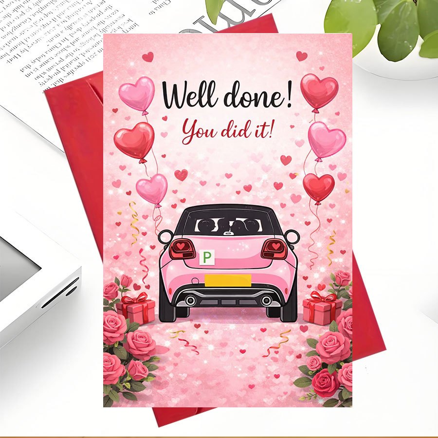 TEMU 1pc Greeting Card + 1pc Envelopecongratulations Card Celebrating New Drivers With Cute Pink Car And Heart Balloons Perfect For Or Their Driving