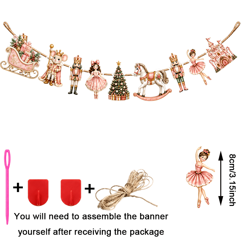 TEMU 10pcs Wooden Nutcracker Garland With Sleigh, Ballerina, Castle, & Mouse King Dolls - Vintage Wooden Hanging Suitable For Christmas Tree, Mantel,