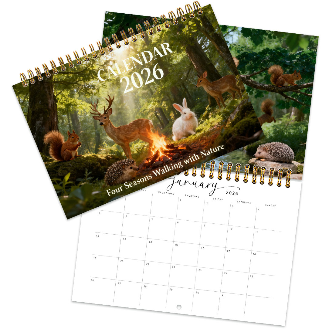 E-shop 2026 Neuer Wandkalender im Naturtier-Stil, Wandmontiertes Kunstdruck mit Illustrationen von Waldtieren wie Eichhörnchen und Hirschen, für