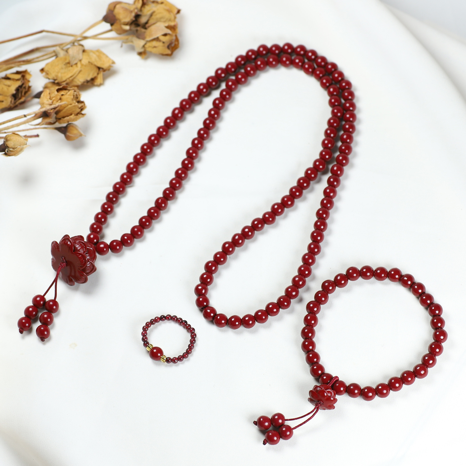 3pc Cinnabar Lotus Jewelry Set for Couples