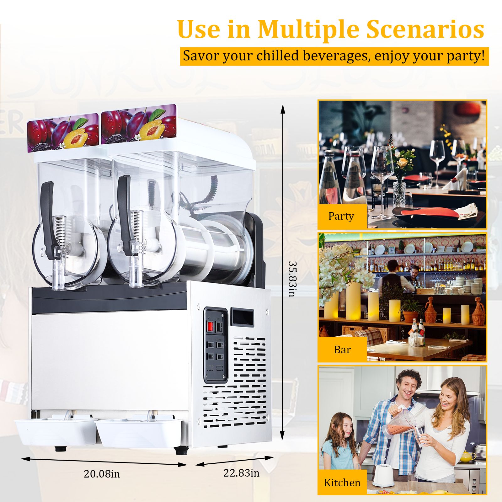 commercial slushy machines with a capacity of 30   or 8 gallons featuring 860 watts of   of stainless steel designed for making   drinks and margaritas   a self cleaning function   cocktails restaurants Product details 3