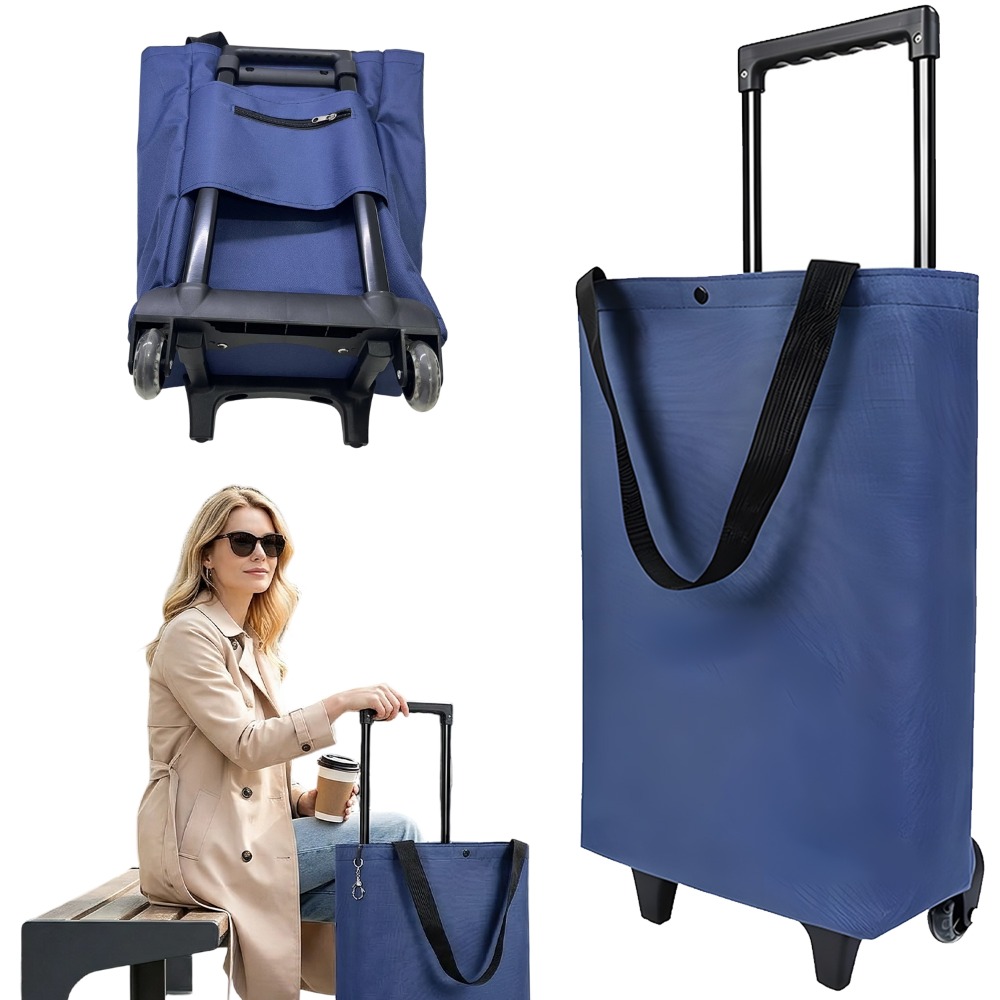 Image of 1set Foldable Shopping Bag With Wheels And Telescopic Handle, Stair Climbing Shopping Cart With Anti-theft Zipper Pocket, Used For Shopping, Traveling, Camping And Picnicking.