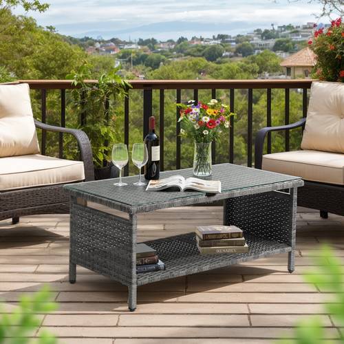 item picture double layered black rattan woven side table measuring 35 5 by 20 by 16 inches