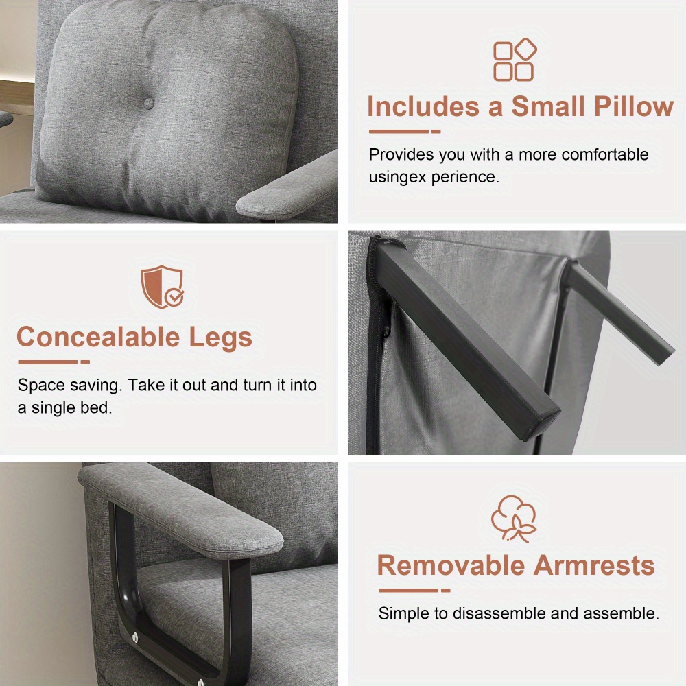 folding sofa bed 5 in 1 convertible chair 5 position adjustable backrest with pillow space saving sleeper for living room bedroom office grey Product details 7