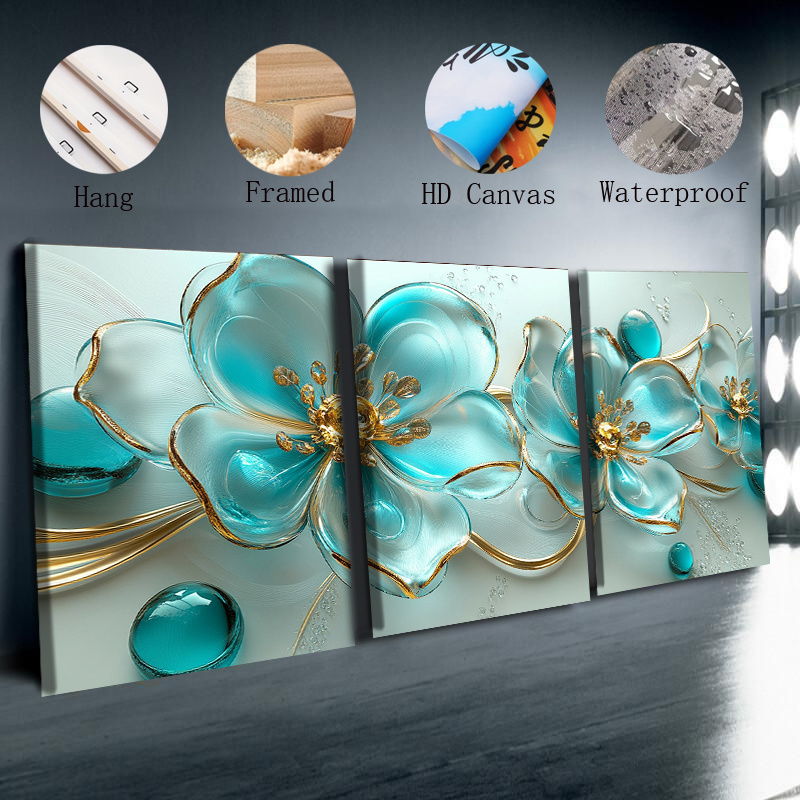 TEMU Framed Canvas Wall Art Painting 30x40cm(11.81x15.75inch)x3pcs Turquoise Glass Flowers (1) For Home, Living Room, Coffee Shop, Office, Wall