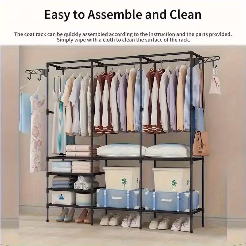 space saving heavy duty garment rack durable iron material freestanding clothes rack for clothes accessories bedding and shoes details 2