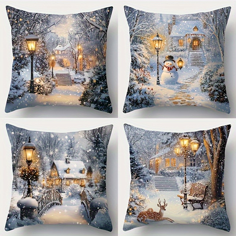 TEMU 4 Stück Weihnachts-Kissenbezüge - Winterwunderland Schneewald-Hüttenmotiv mit Schneemann, Hirsch & Laternen - Reißverschluss-Kissenhüllen für