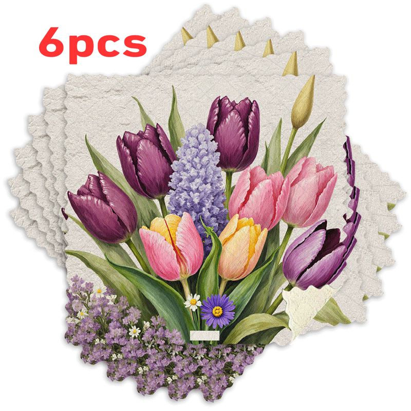 TEMU 3/6pcs Set Kitchen Dish Cloths, Reusable Cleaning Cloths With Tulip Buds And Green Leaves Floral 2d Element Pattern, Microfiber Scouring Pads,