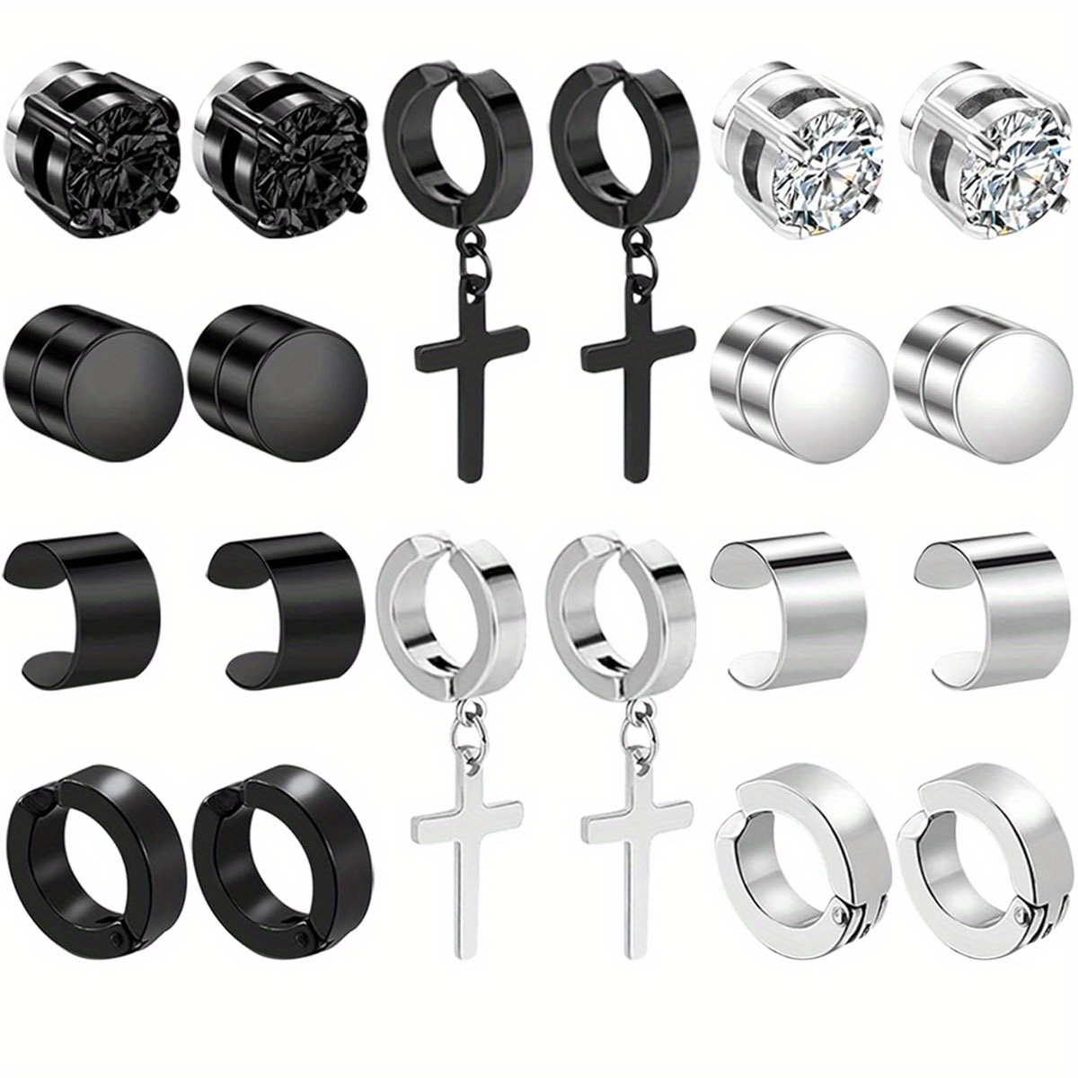 Image of 5/10 Pairs Sets Magnetic Earrings For Men 304 304 304 304 Stainless Steel No Piercing Clip On Earrings Black Stud Earrings Fake Gauges Earrings Set, Without Battery