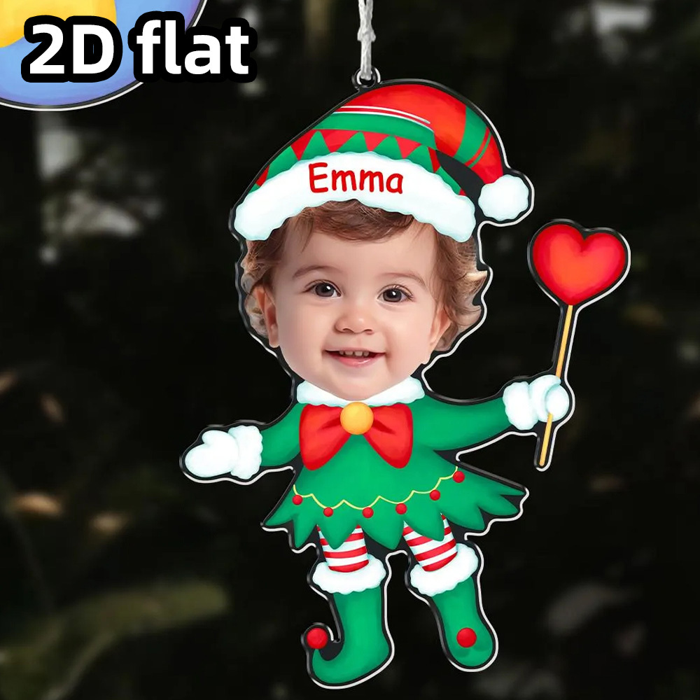 TEMU 2d Flat, Custom Photo Name Personalized Christmas Elf Ornament | Customize With Baby's Name + Cute Photo To Create Your Exclusive Christmas