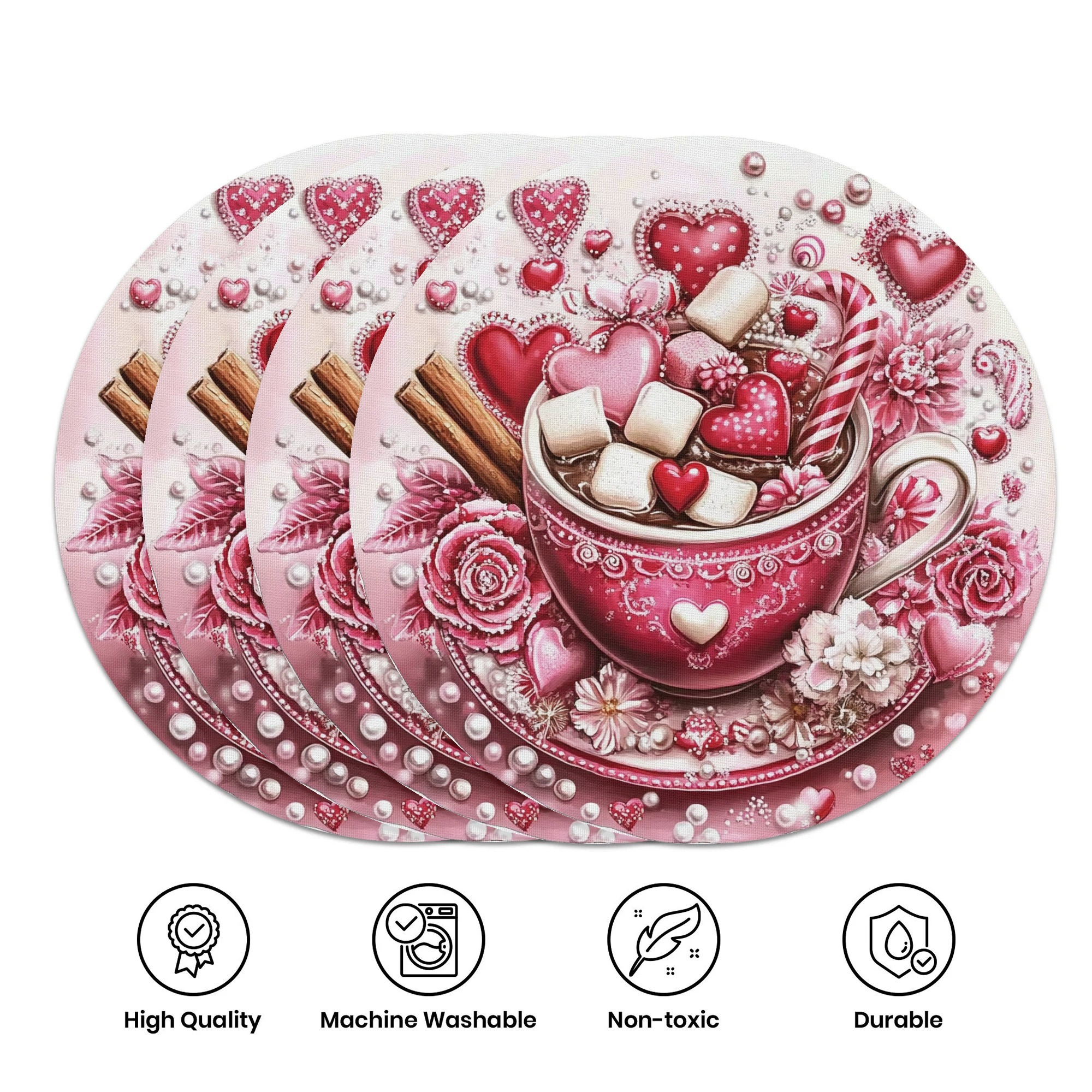 

4pcs Valentine's Day Polyester Round Placemats, Non-slip Washable Pink Floral & Table Mats For Home, Kitchen, Banquet, And Party Dining Decor, 15