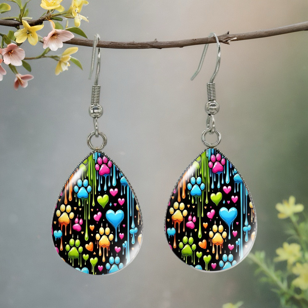 TEMU 1 Pair Of Colorful Paw Print Heart-shaped Pendant Earrings Suitable For Men And Women's Dangle Jewelry As A Gift, Without Battery