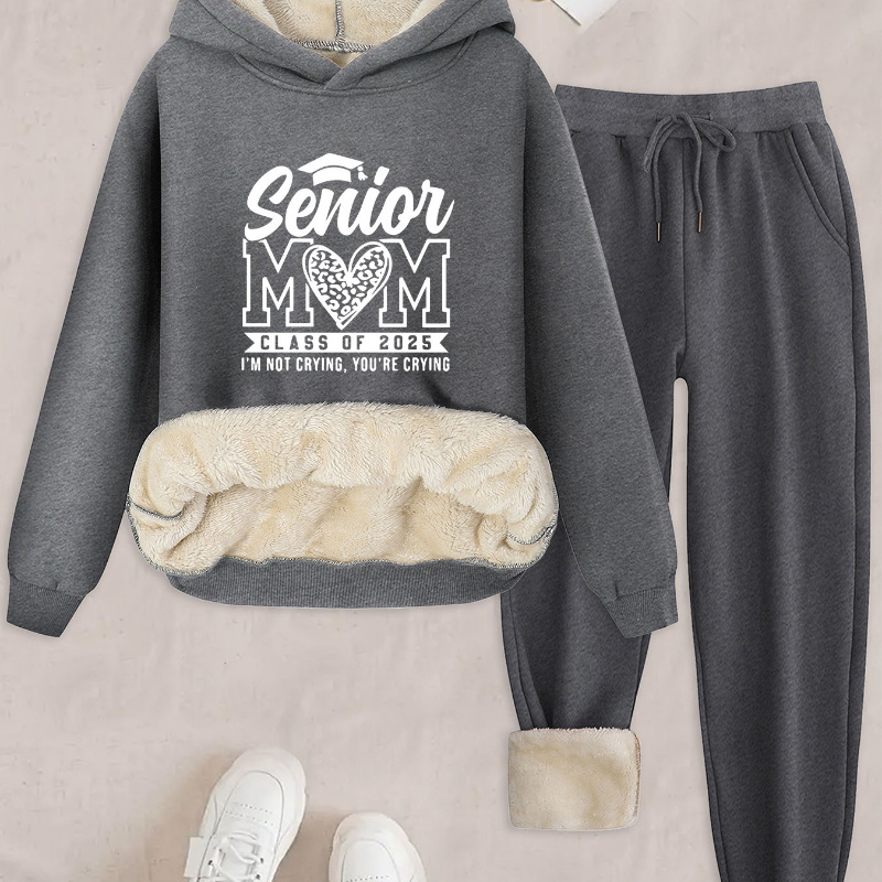 

Korean And Casual Women's Clothing, Senior Mom Text Printed Hoodie With Pants, Lamb Fleece Set.