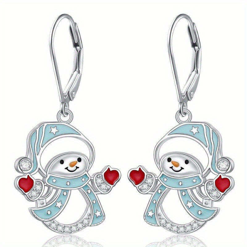 Image of Adorable Blue Enamel Snowman Earrings With Zirconia Inlay, Perfect For Women To Wear At Parties, Casual , Or During The Christmas Season