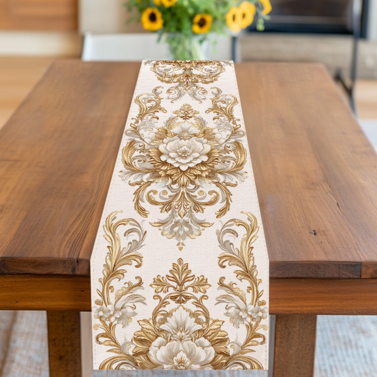 TEMU 1pc Luxury Flag Cloth - Elegant Golden Pattern Table Cover, Classic White & Golden Cloth Suitable For Home Dining Decor, Weddings, Banquets,